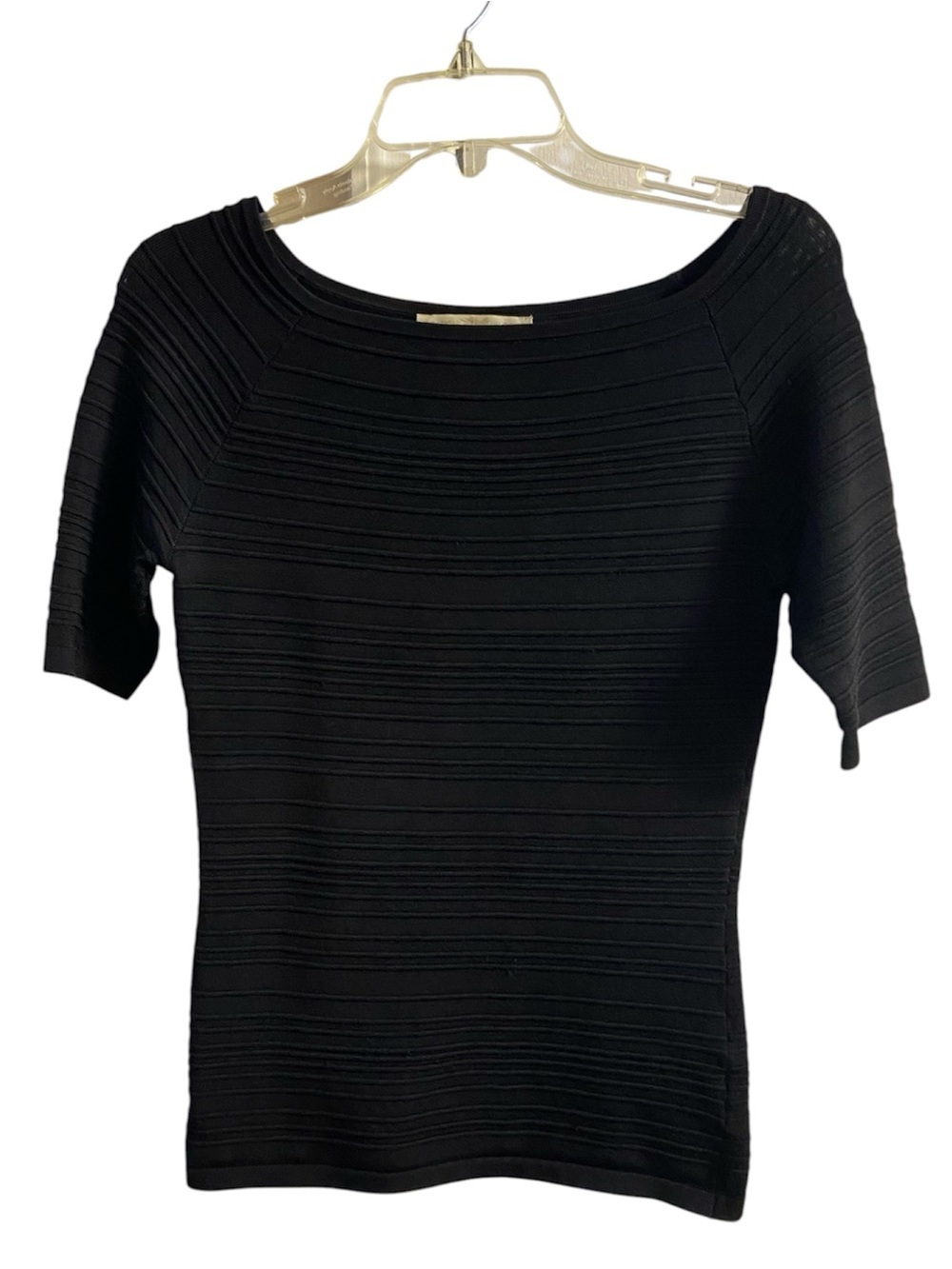 Boston Proper Black Ribbed Knit Top Short Sleeve Boat Neck S